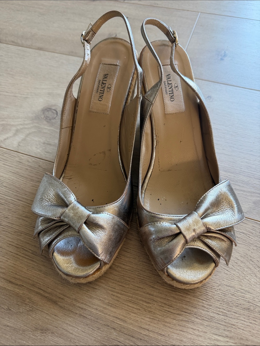 Valentino Metallic Gold Bow Slingback Peep-Toe Wedge Sandals